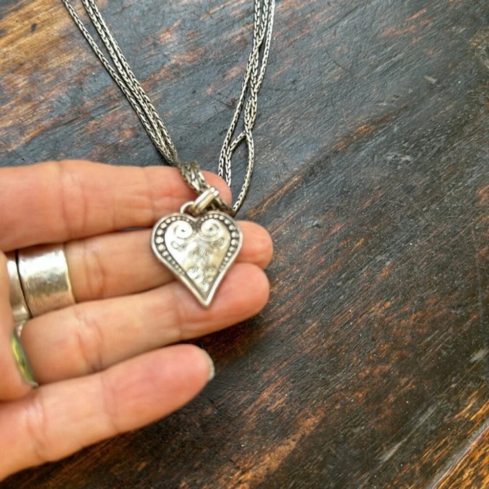 French Quarter Ophelia Heart Triple Foxtail Strand Silver Necklace